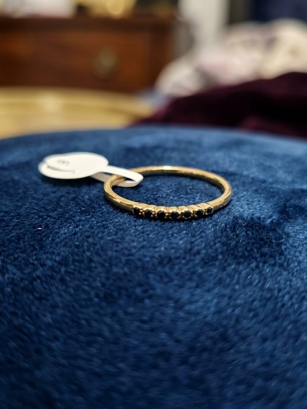 Gold Band Ring with Black Stones - Elegant Stackable Accent